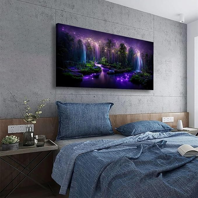 Purple Fantastic Wall Art Bedroom Wall Decor Living Room,Canvas Wall Art Office Farmhouse Paintings Artwork Modern Forest Starry Sky Lake Magical Wall Art Prints Pictures 20 * 40inch