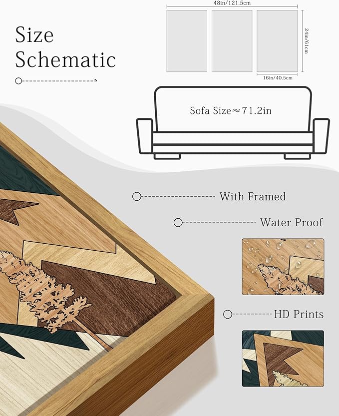 KUVIOKE Woodcut Pine Tree Forest Mountains Framed Wall Art Nature Landscape Prints Morden Farmhouse Bedroom Hallway Ready to Hang 16x24in (Natural Framed)