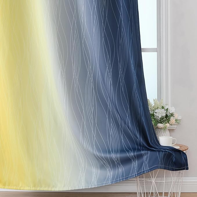 Estelar Textiler Navy Blue and Yellow Ombre Blackout Curtains 45 Inch Length 2 Panels, Full Room Darkening Gradient Drapes for Kitchen, Thermal Insulated Grommet Short Curtains for Bathroom,42Wx45L