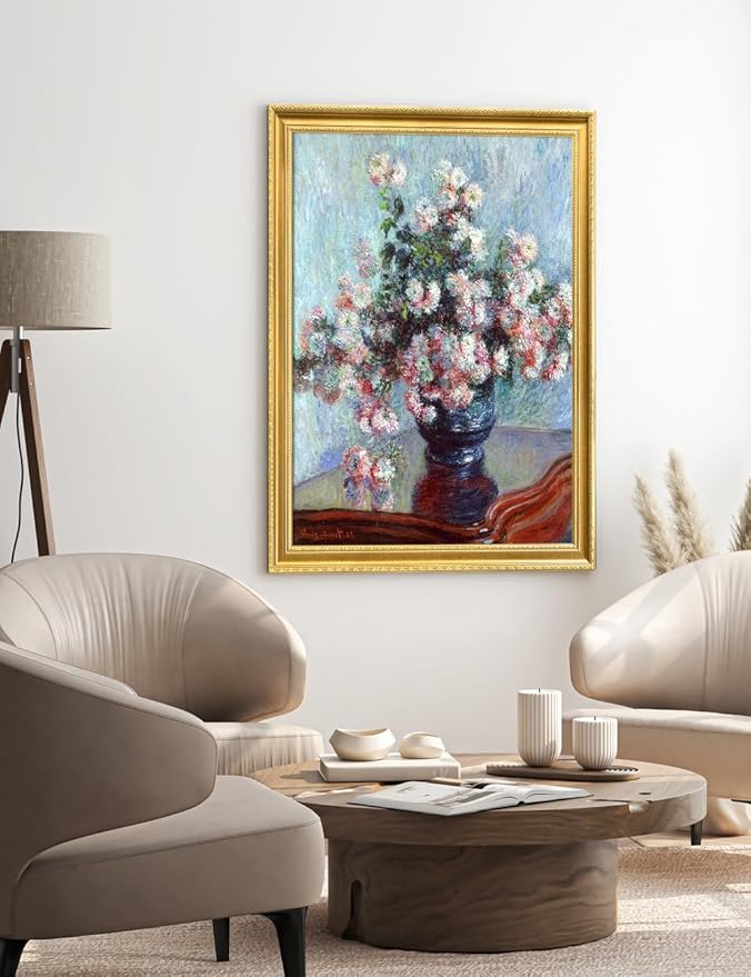 DECORARTS - Claude Monet Chrysanthemums 1882, Large Framed Wall Art, Canvas Size 28x35, Outer Dimensions Larger With Customizable Solid Wood Frames, Giclee Canvas Print, Made in USA