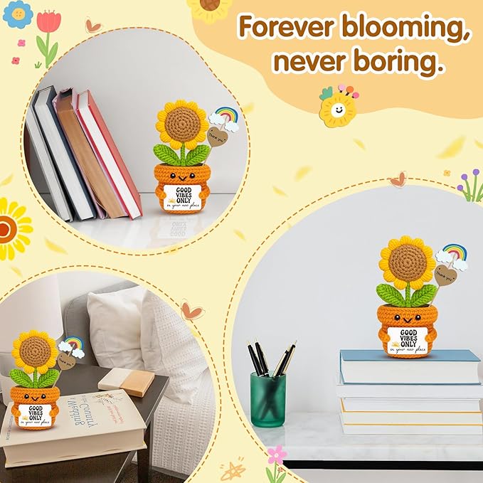 Crochet Sunflower Housewarming Gift – Good Vibes Only in Your New Place – Positive Affirmation Plush for Friend, Coworker, Roommate, New Home or Office Decor