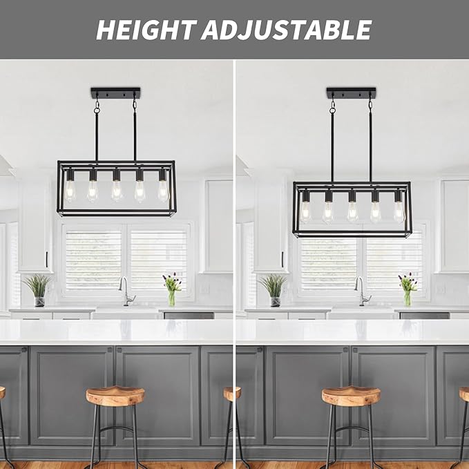 5-Light Kitchen Light Fixtures Black Farmhouse Chandelier Rectangular Dining Room Light Fixture Linear Pendant Lighting Hanging Lights for Kitchen Island Living Room Adjustable Height E26