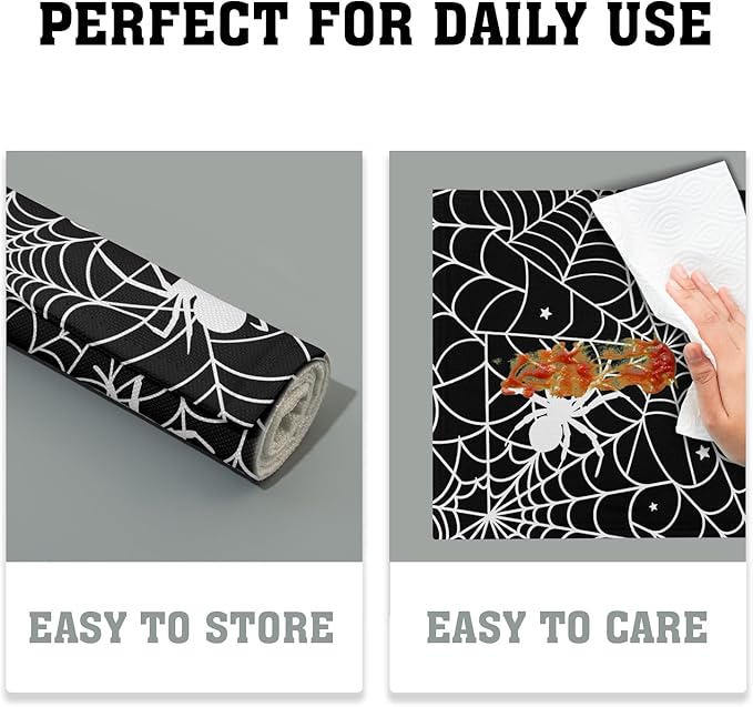 Halloween Placemats 12×18 Inches Set of 4 Spiders Black White Spiderweb Seasonal Holiday Indoor Kitchen Dining Table Place Mats for Home Party Decoration