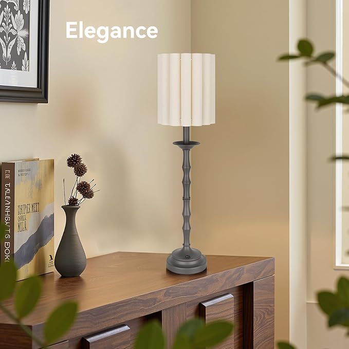 Vintage Brown 28.9’’ Scalloped Table Lamp, Rustic/Farmhouse Buffet Lamp, Scallop Lampshade and Bamboo Lamp Post, for Living Room Bedside Side Table