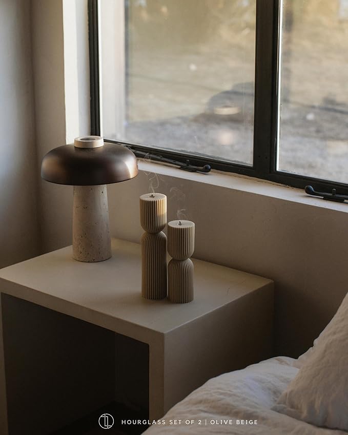 LAWA Hourglass Pillar Candle - Large Beautiful Handmade Pillar Scented Soy Wax Candle Elegant Bubble Aesthetic Candle Housewarming Gift Home Room Shelf Decor Idea Olive Beige (Set of 2)