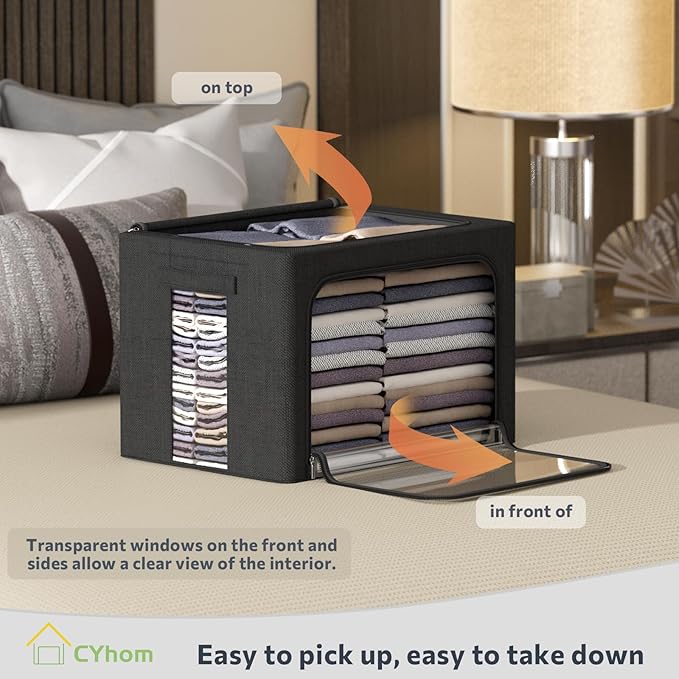 Clothes Storage Bins Box - Linen Fabric Foldable Stackable Container Organizer Set with Clear Window & Carry Handles & Metal Frame (Black, Large-66L)