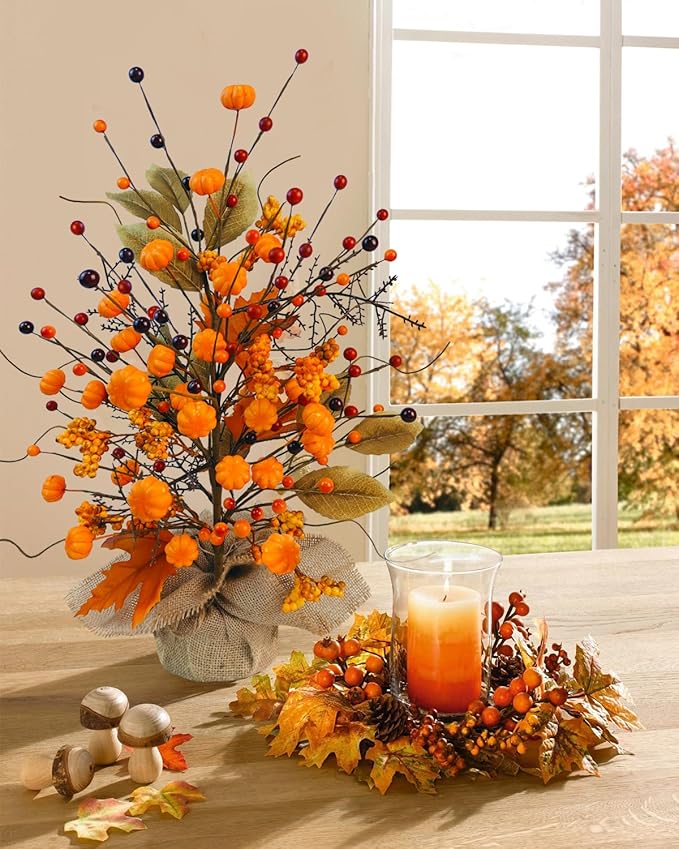 2 Pcs Fall Table Centerpieces Tree, Faux Fall Tree Artificial Fall Tabletop Tree Pumpkin and Maple Leaf Berry with Burlap Base Fall Decorations for Autumn Thanksgiving Party Home Office