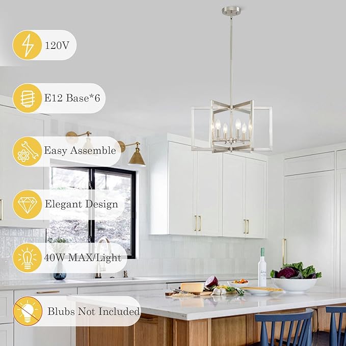 Brushed Nickel Chandelier 6-Light Modern Geometric Metal Lighting Fixture for Dining Room Kitchen Island Living Room Entryway Hallway Bedroom, 20 Inch Adjustable Pendant Ceiling Hanging Lamp