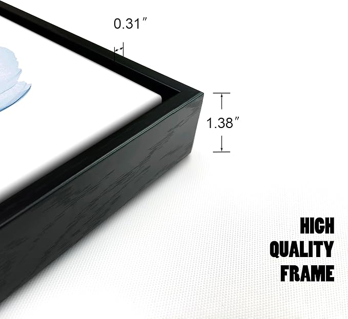 Pyradecor Large Black Framed Wall Art Blue Flickering Flower Grace Floral Pictures on Canvas Prints One Panel Artwork for Bedroom Office Home Decorations