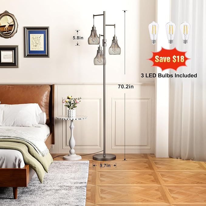 Dimmable Floor Lamps for Living Room, Industrial Tree Standing Tall Lamps with 3 Elegant Cage Shade for Bedroom Office - Grey