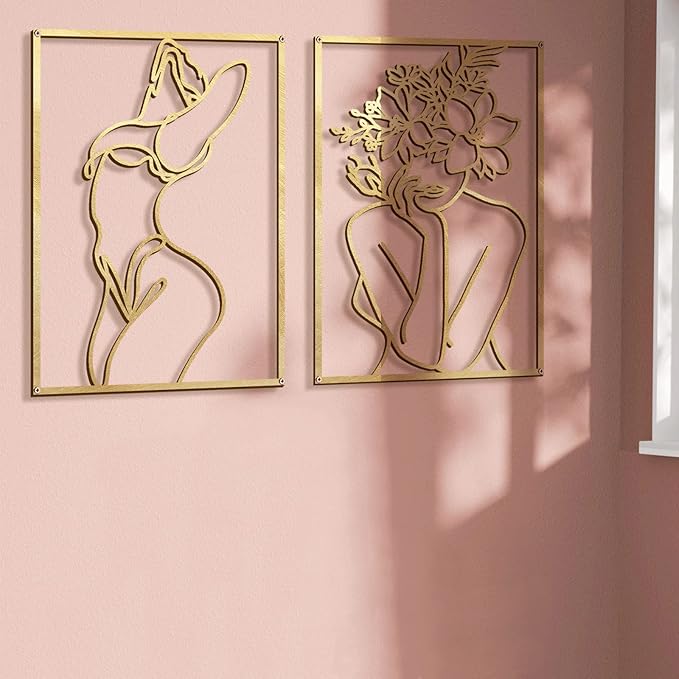 Glamativity 4 Pack Gold Wall Art Décor, Minimalist Single Line Real Metal Wall Art, Woman's Body Shape Abstract Wall Art (Gold Classic Style, 17 x 11.8'')