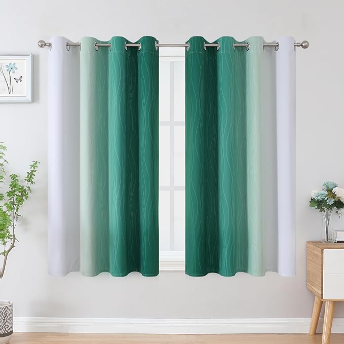 Estelar Textiler Green and Greyish White Blackout Curtains 45 Inch Length, Full Light Blocking Gradient Drapes for Kitchen, Thermal Insulated Grommet Ombre Curtains for Bathroom, 52Wx45L, 2 Panels