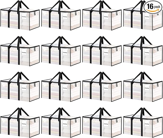 16 Pack Extra Large Heavy Duty Moving Bags, Clear Storage Bins with Lids, Reinforced Handles & Heavy-Duty Zippers Moving Boxes Storage Bags Totes for Clothes Packing, Dorms, College Supplies, Clear
