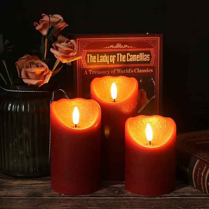 Eldnacele Red Wax Flameless Flickering Candles with 6H Timer, 3D Wick Realistic Battery Operated Pillar LED Candles Set of 3 for Easter Home Wedding Party Christmas Decoration (D3” x H4”5”6”)