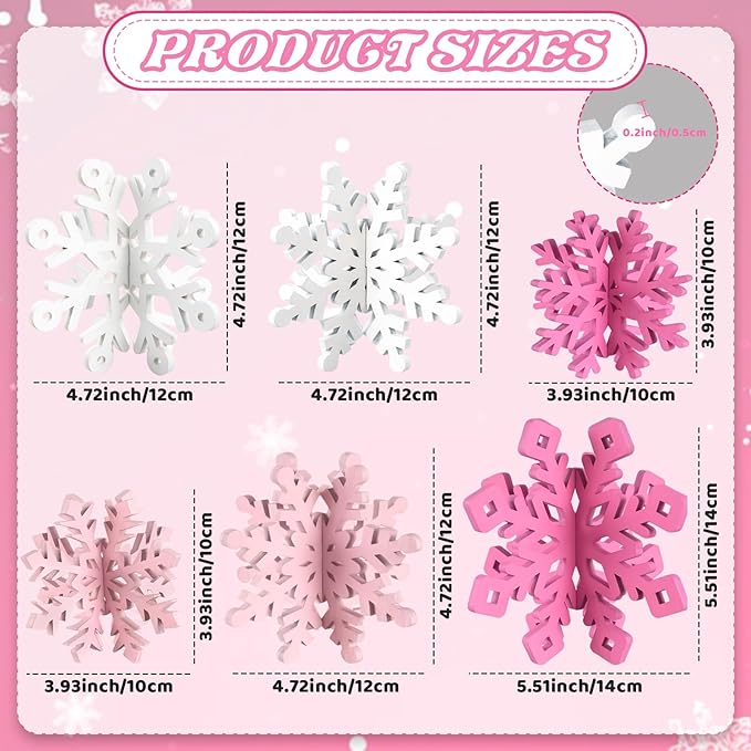 OuMuaMua 6 Set Snowflake Christmas Table Decorations - 12pcs Pink White Wooden 3D Snowflake Decor Tabletop Centerpiece for Christmas Party Supplies Home Decor