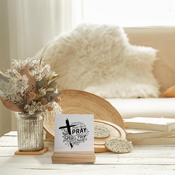 Pray on It Pray Over It Pray Through It Prayer Desk Small Wood Sign Signs with Wooden Stand,Inspirational Christian Sign Decor for Home Church,Christian Gifts for Women Men Teen Girls Boys