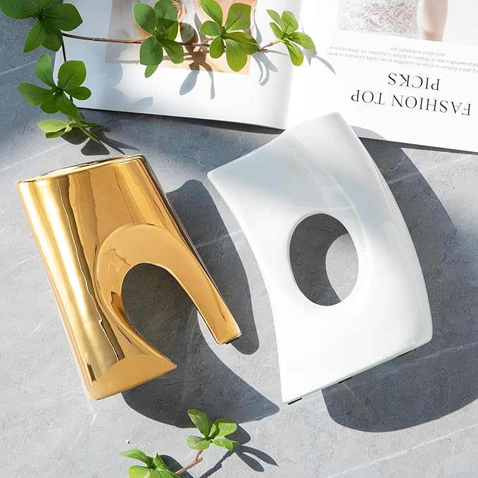 Gold and White Vases Set of 2, Ceramic Flower vase for Pampas Grass, Modern Gold Vases Home Decor, Nordic Snuggle Hollow Boho vases Table Centerpieces