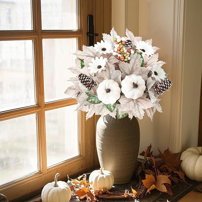 Artmag 2PCS Fall Artificial Flowers Decoration Maple Leaf Stem Pumpkin Branch Sunflower and Berries for Fall Thanksgiving Home Kitchen Festival Decoration (White)