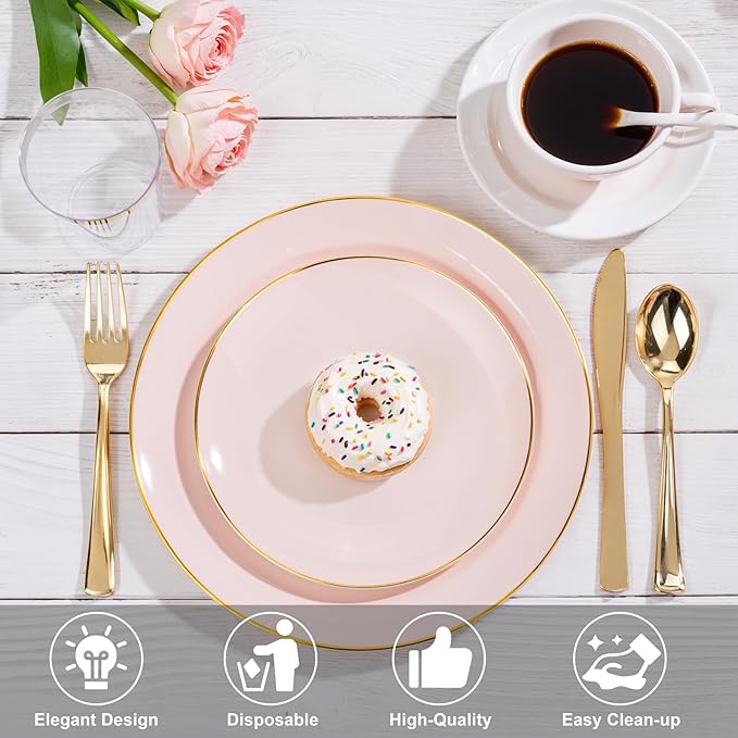 Nervure 100PCS Pink and Gold Plastic Plates - 10.25 inch Pink Disposable Plates with Gold Rim - Party Plate - Dinner Plate Ideal for Wedding & Party