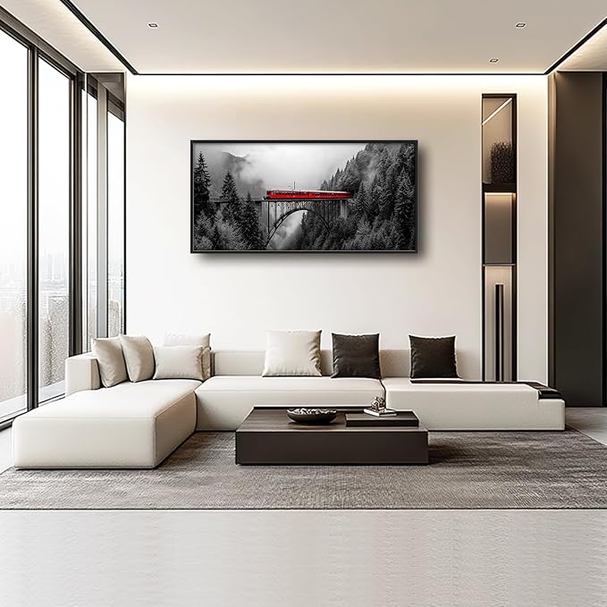 Olivine Train Large Wall Art, Black and White Pictures Wall Decor, Train Painting, Landscape Canvas Prints, Framed Artwork for Men Dining Room Living Room Bedroom Bathroom Home Decoration 60"x30"