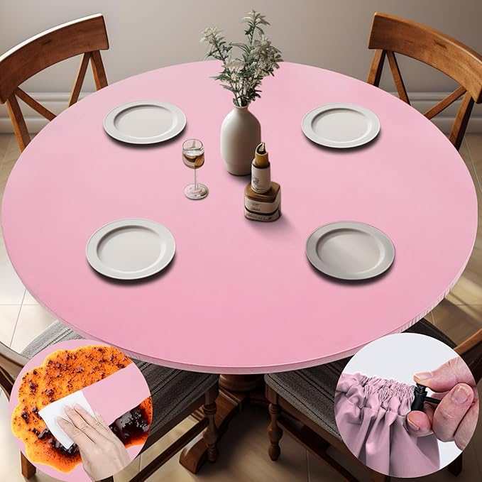 Fitted Pink Round Tablecloth for 36-44" Tables Waterproof Vinyl Mantel Redondo Para Mesa De 6 Sillas Accesorios Para Cocina Home Camping Sets Girls Birthday Party Desk Unique Decorations