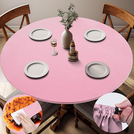 Fitted Pink Round Tablecloth for 36-44" Tables Waterproof Vinyl Mantel Redondo Para Mesa De 6 Sillas Accesorios Para Cocina Home Camping Sets Girls Birthday Party Desk Unique Decorations