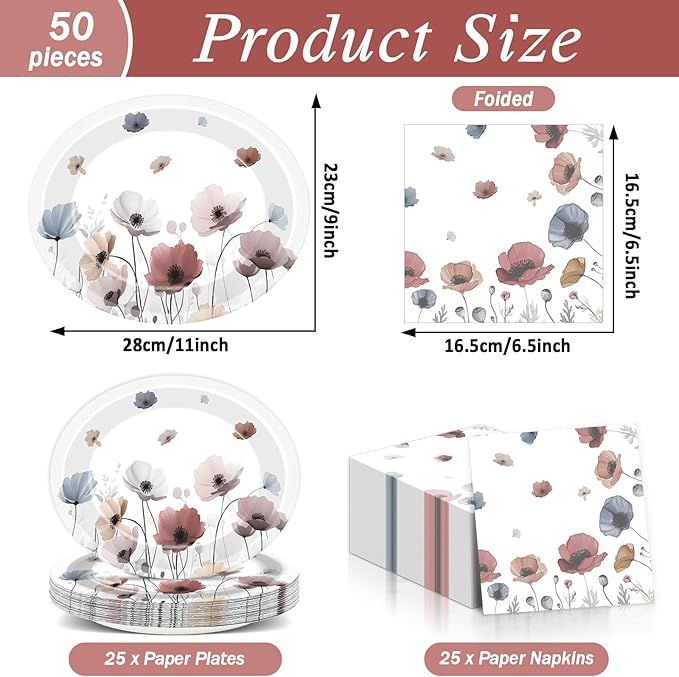 Fall Brown Poppy Floral Leaves Party Supplies Oval Paper Plates 11inch Large Seasonal Autumn Plates and Napkins Watercolor Floral Leaf Party Decoration Favor Dish Tray Birthday Tableware, 25 Guest