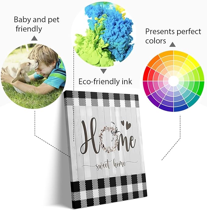 Black and White Canvas Wall Art 12x16in Sweet Home Wall Decor Rustic Plaid for Home Office Bathroom Bedroom Decor Canvas Wall Art