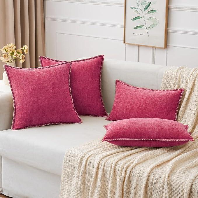 MIULEE Pack of 2 Couch Throw Pillow Covers 20x20 Inch Hot Pink Farmhouse Decorative Pillow Covers with Stitched Edge Soft Chenille Solid Dyed Spring Pillow Covers for Sofa Bed Living Room