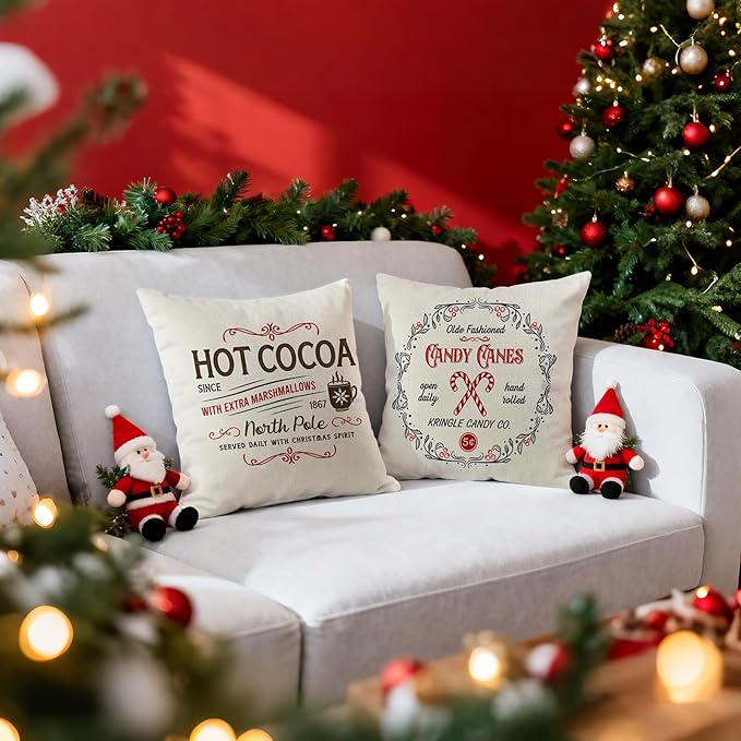 Christmas Pillow Covers 18x18 inch Set of 4, Holiday Winter Outdoor Vintage Tree Xmas White Neutral Farmhouse Seasonal Burlap Decorations for Sofa Couch