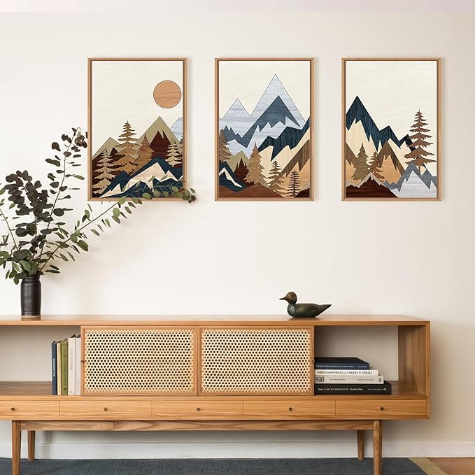 HOURIA Mid Century Mountain Woodland Framed Wall Art Set,Boho Sunrise Pine Tree Wall Decor,Wilderness Nature Forest Artwork,Modern Woodcut Field Art Print for Living Room,Bedroom,Office- 16"x24"x3