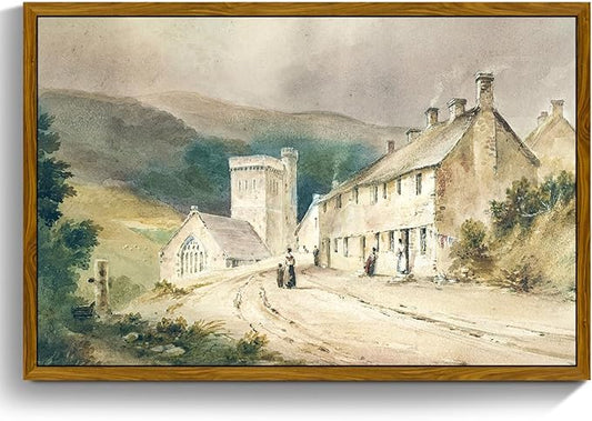 crmotu Large Framed Wall Art, Rural Street Landscape Art Prints, Vintage Architecture Scenery Canvas Painting, Retro Farmhouse Cottage Pictures Wall Decor Living Room Bedroom Office Artwork 24x36in