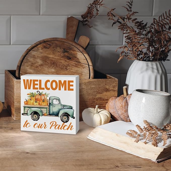 Farmhouse Fall Decors, Front Door Decor for Shelves, Autumn Home Decor, Pumpkin Truck Sign, Autumn Thanksgiving Wooden Decors, Decorative Wooden Table Sign, Welcome to Our Patch Wood Signs A15