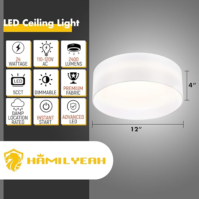 Hamilyeah Flush Mount Ceiling Light Set of 2, Drum Ceiling Light Fixtures with White Fabric Shade, 24W LED Light Fixtures Ceiling Mount 5CCT, Dimmable Close to Ceiling Light Fixtures for Bedroom
