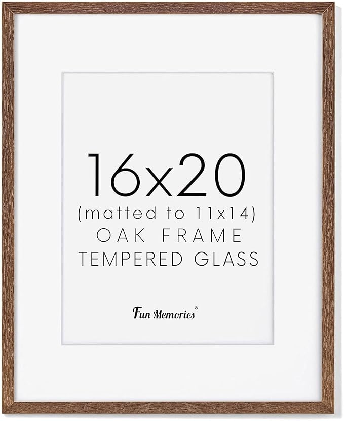 16x20 Picture Frame for Wall, Real Oak Wood Frames 16 by 20, 16x20 Frame Matted to 11x14, Tempered Glass, 16 x 20 Wood Frame, 16"x20" Poster Frame, Walnut Color, 1 Pack