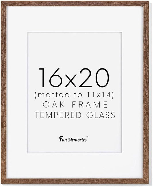 16x20 Picture Frame for Wall, Real Oak Wood Frames 16 by 20, 16x20 Frame Matted to 11x14, Tempered Glass, 16 x 20 Wood Frame, 16"x20" Poster Frame, Walnut Color, 1 Pack