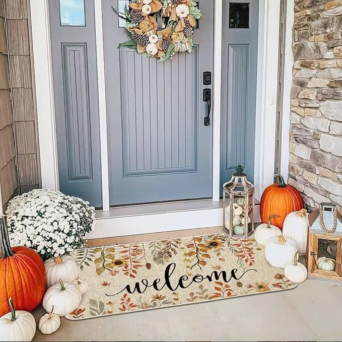 ORTIGIA Welcome Fall Doormat Eucalyptus Leaves Sunflowers Door Mats Indoor Outdoor Patio Non-Slip Durable Entrance Floor Mat for Farmhouse Home Entrance, Outside, Yard, Patio 17x36 Inch