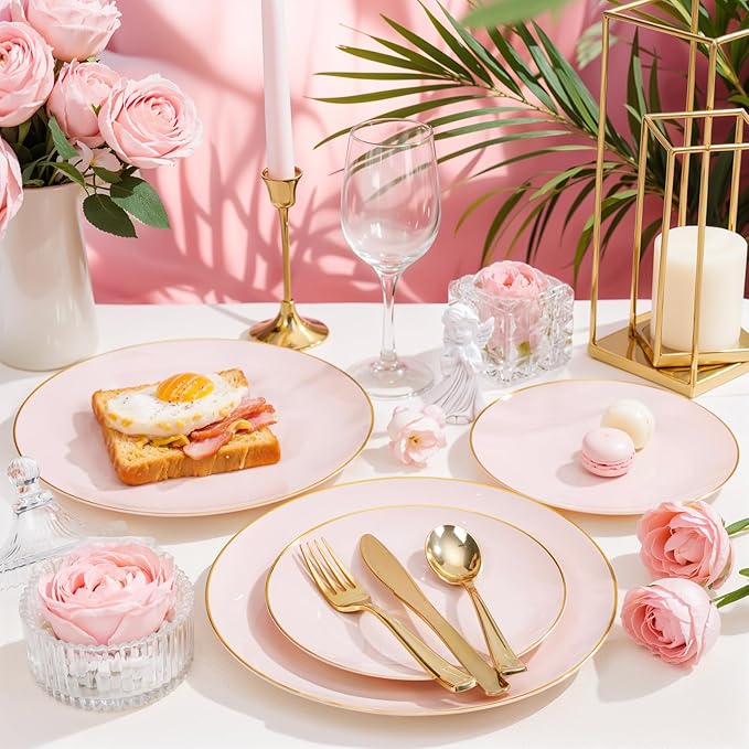 Nervure 100PCS Pink and Gold Plastic Plates - 10.25 inch Pink Disposable Plates with Gold Rim - Party Plate - Dinner Plate Ideal for Wedding & Party