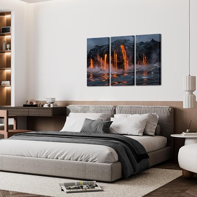KLVOS - 3 Piece Canvas Wall Art Twilight Flow Sea View of Kilauea Volcano in Big Island Hawaii United States Modern Home Decor Stretched and Framed Ready to Hang - 16"x32"x3 Panels (1 Hawaii Volcano)
