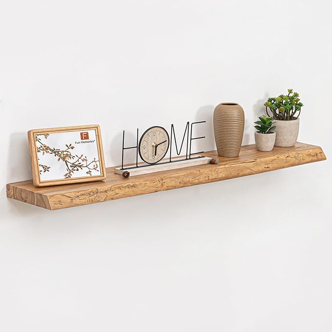 Fun Memories Floating Shelves for Wall, Live Edge 42" W x 8" D Wood Floating Shelf, Set of 2 with Invisible Heavy-Duty Metal Bracket, Deep Floating Shelf for Living Room Kitchen, Natural Finish