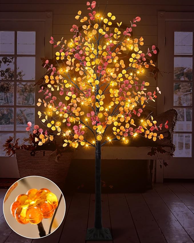 Uieke 6FT 96LED Lighted Thanksgiving Eucalyptus Tree Artificial Tree with 24PCS Pumpkin Lights 8 Modes Thanksgiving Fall Decorations for Home Autumn Decor Indoor Outdoor