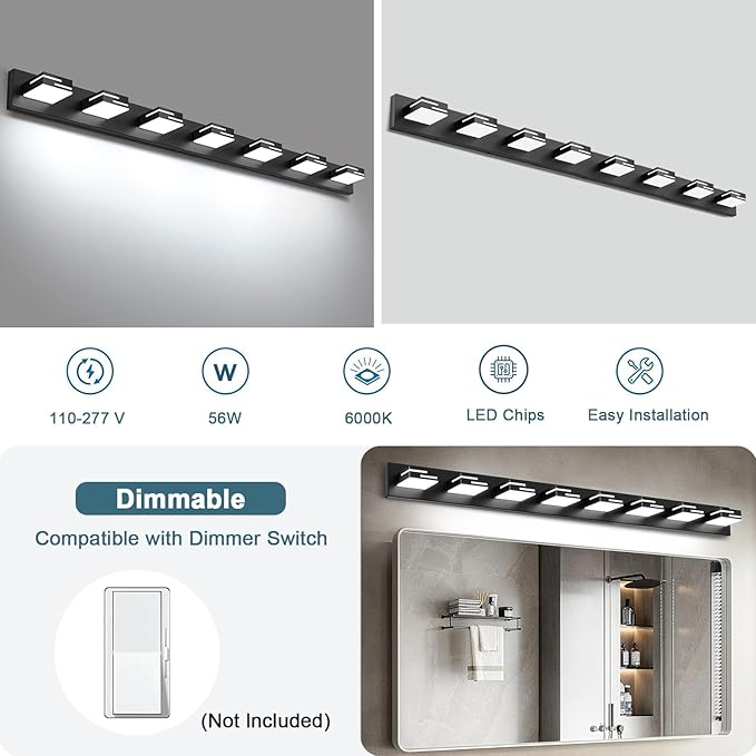 LED Modern Bathroom Vanity Light Fixtures, 8-Light 55-inch Dimmable Matte Black Vanity Lights for Bathroom Lighting Fixtures Over Mirror, with 350° Rotatable Acrylic Heads (Cool White 6000K)