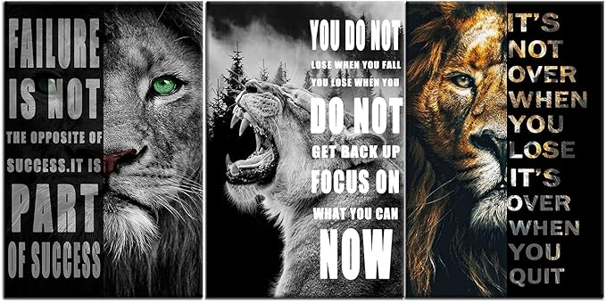 3 Panels Motivational Lion Canvas Print Wall Art Inspirational Quote Picture Animal Poster Painting Modern Inspiring Artwork Decor for Living Room Office Home Decor Wooden Framed [72''Wx 36''H]
