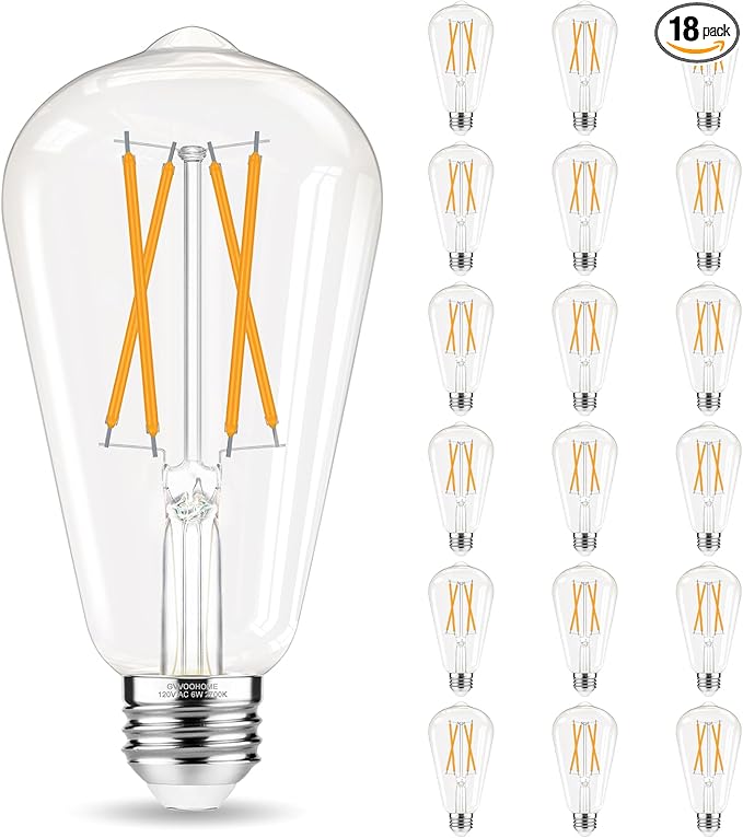 Edison Bulbs 60 watt Equivalent LED, E26 Bulb Non-Dimmable, Soft White 2700K, ST58 Vintage Light Bulbs, 90+ CRI, 6W 600LM, E26 Medium Base, Clear Glass, 18 Pack