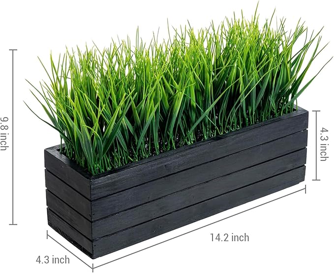 MyGift 14 Inch Artificial Green Grass Plant in Vintage Black Wood Planter Window Box, Faux Greenery in Decorative Rectangular Crate Style Wooden Container