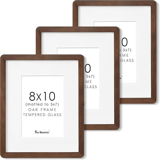 8x10 Picture Frame, Rustic 8 by 10 Photo Frame for Wall & Tabletop Display - Solid Oak Wood & Tempered Glass, 8x10 Picture Frame Matted to 5x7, Wood Collage Frames for Home, Walnut Color, 3 Pack