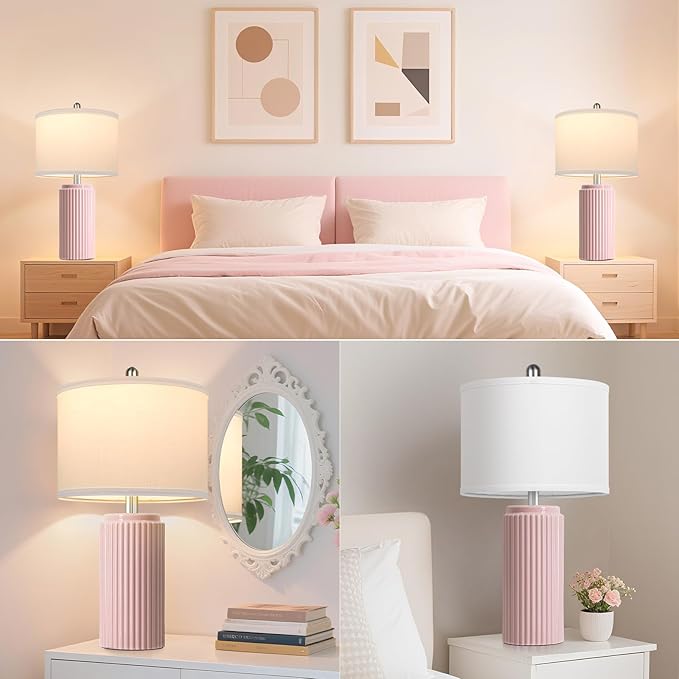 23.5’’ Modern Pink Table Lamps Set of 2 for Living Room, Ceramic Bedside Lamps with White Linen Shade for Girls Room, Rustic Nightstand Lamps for Bedroom Home Office, Cute Lamps for End Table Dorm