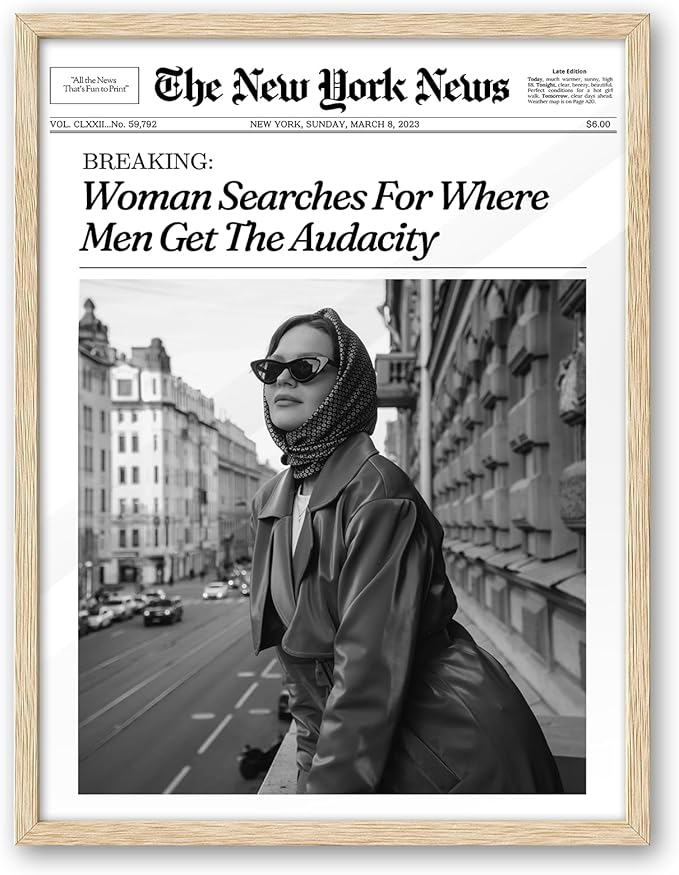 iHery Natural OAK Wood Newspaper Trendy Framed Wall Art, 12x16 in Vintage Headline Canvas Print, Woman Searches for Where Men Get The Audacity Poster, New York News Beige Frame Logs Retro Set of 1