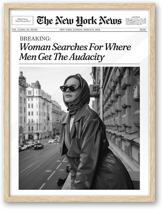 iHery Natural OAK Wood Newspaper Trendy Framed Wall Art, 12x16 in Vintage Headline Canvas Print, Woman Searches for Where Men Get The Audacity Poster, New York News Beige Frame Logs Retro Set of 1