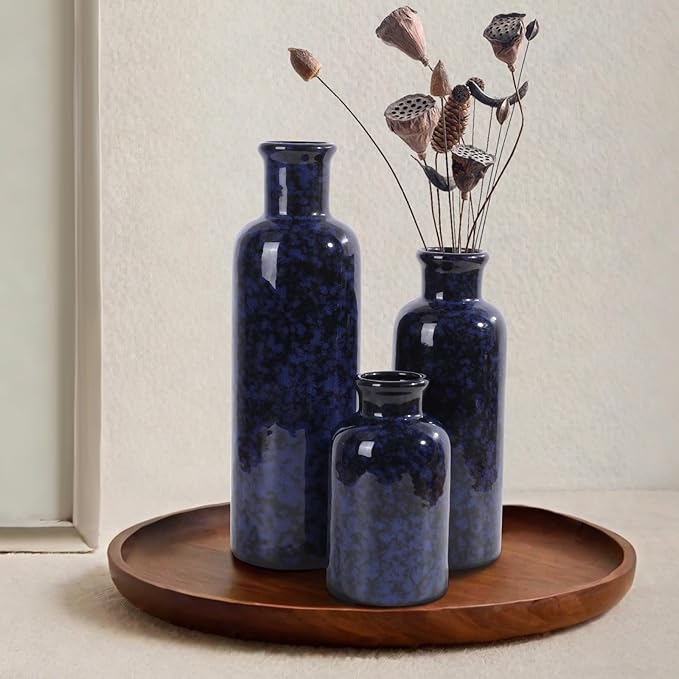 Small Blue Ceramic Vase Set of 3, Boho Modern Flower Vase Room Decor, Farmhouse Decor, Vases for Your Kitchen, Bathroom, Bedroom, Living Room, Office&Shelf Centerpiece Table Decorations